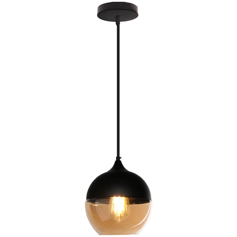 Lustre Suspension en Verre Ambré E27 Noir Plafonnier Luminaire Salle à Manger Chambre Hôtel Noir - 20cm Ronde