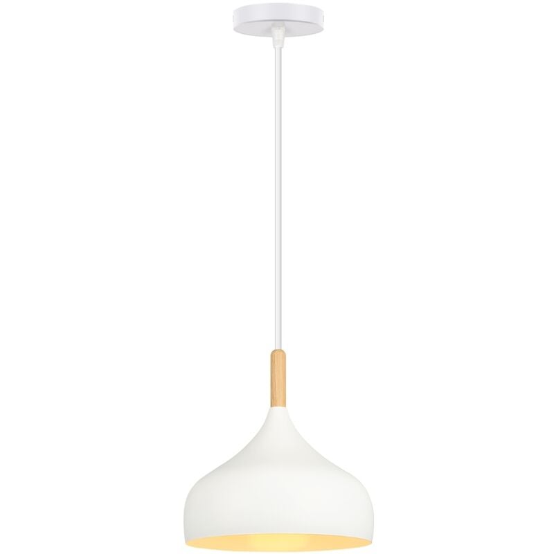Lustre Suspension Moderne E27 Lampe Suspension Métal Bois Suspension Luminaire Ø24CM pour Chambre Cuisine Salon Blanc