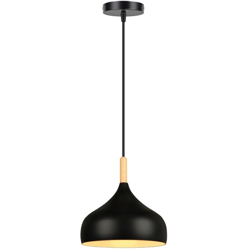 Lustre Suspension Moderne E27 Lampe Suspension Métal Bois Suspension Luminaire Ø24CM pour Chambre Cuisine Salon Noir - 1Pcs