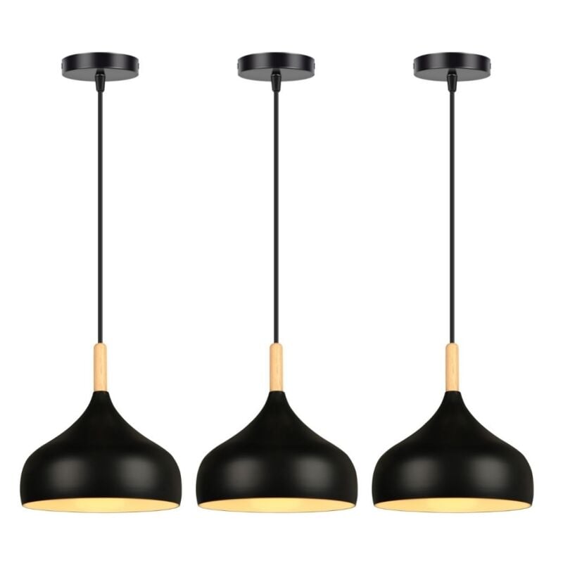 Lustre Suspension Moderne E27 Lampe Suspension Métal Bois Suspension Luminaire Ø24CM pour Chambre Cuisine Salon Noir - 3Pcs