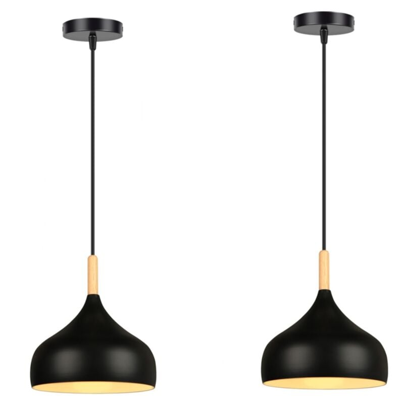 Lustre Suspension Moderne E27 Lampe Suspension Métal Bois Suspension Luminaire Ø24CM pour Chambre Cuisine Salon Noir - 2Pcs