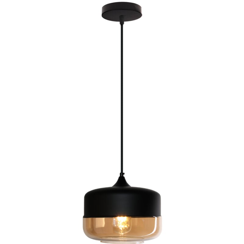 Wottes - Suspension Luminaire Vintage Industriel Lustre Suspension Abat-jour en Verre Lustre Plafonnier Noir et Ambre E27 Ø25CM - 1Pcs