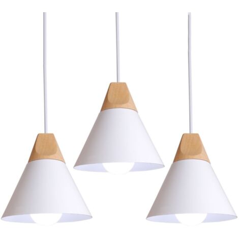 Lustre Suspension Moderne Plafonnier Luminaire en Métal et Bois Lampe à Suspension Réglable Blanc E27 Ø22CM - 3Pcs