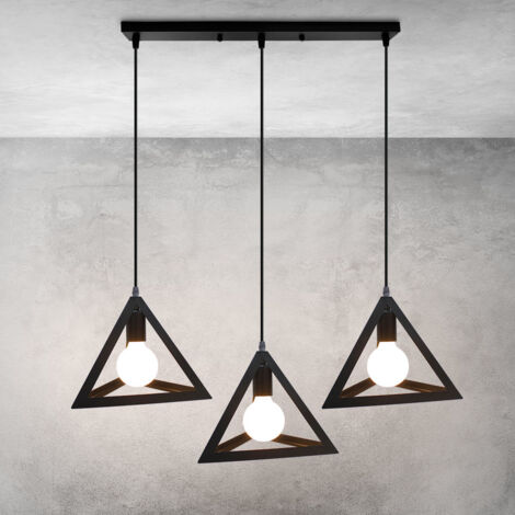 Lustre Suspension Moderne Triangle Lustre Abat-jour 3 Lumières E27 Lampe de Suspension pour Chambre Salon Bar Noir