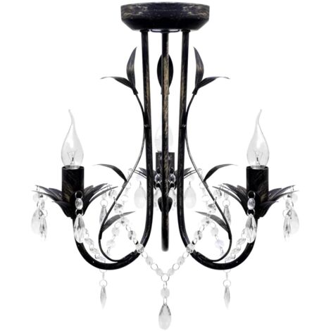 Lustre Suspension  Plafonnier métal noir style art nouveau + perles crystal 3 x E14 Ampoules 62966