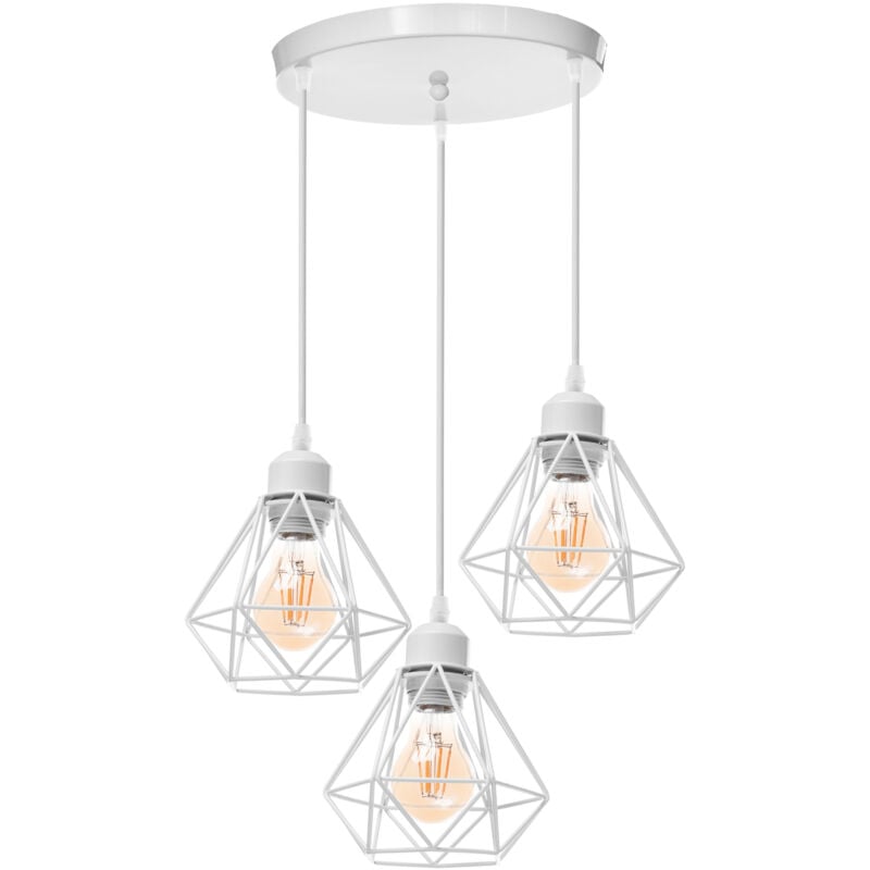 Lustre Industriel Métal E27 Lampes Suspension Vintage 3 Luminaire Plafonnier Abat-jour Forme de Cage avec Base Ronde Ø16CM - Blanc