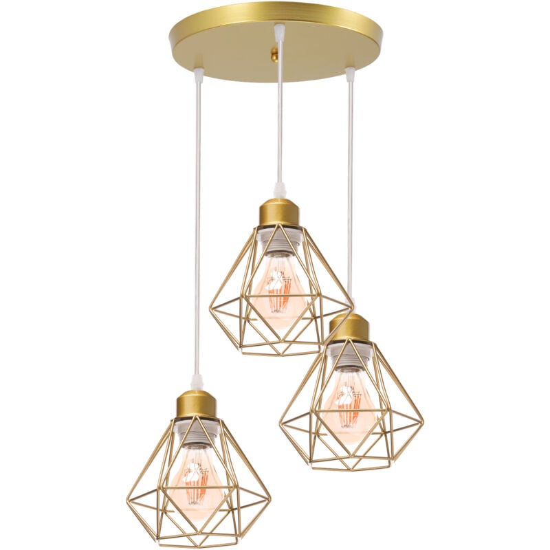 Wottes - Lustre Industriel Métal E27 Lampes Suspension Vintage 3 Luminaire Plafonnier Abat-jour Forme de Cage avec Base Ronde Ø16CM - Or