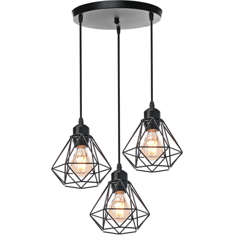Lustre Industriel Métal E27 Lampes Suspension Vintage 3 Luminaire Plafonnier Abat-jour Forme de Cage avec Base Ronde Ø16CM - Noir