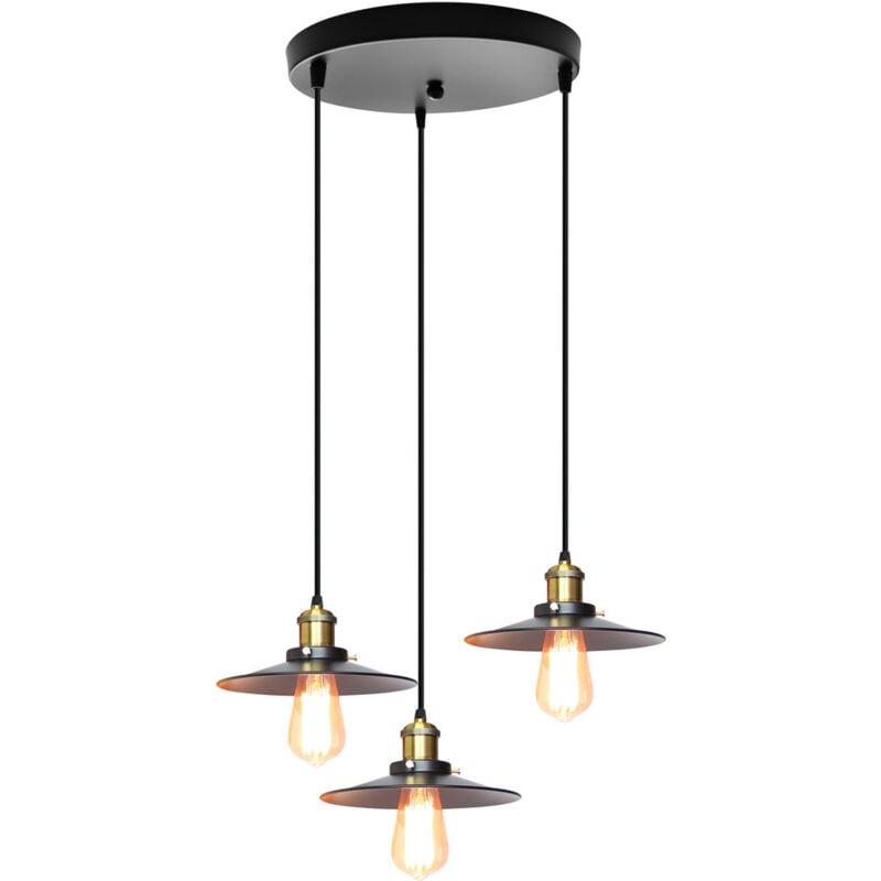 Wottes - Lustre Suspension Vintage 3 Luminaires Ø22CM pour Chambre Cuisine Bar Restaurent - Noir