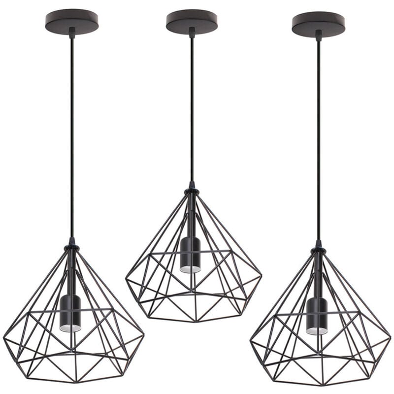 Lustre Suspension Vintage E27 Lampe Suspension Forme Diamant Créative Éclairage de Plafond Réglable Noir Ø25CM - 3Pcs