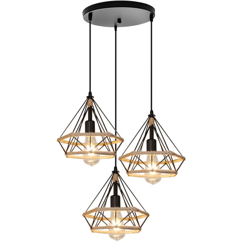 Lustre Suspension Vintage en Corde de Chanvre Lampe de Suspension 3 Lumières E27 avce Base Ronde pour Salon Couloir Noir