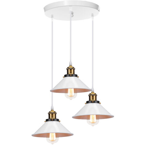 Lustre Suspension Vintage Industriel E27 Lampe à Suspension Abat-jour de Chapeau Lustre Plafonnier Intérieur 3 Luminaires - Blanc