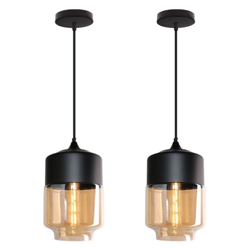 Wottes - Suspension Luminaire Vintage Industriel Lustre Suspension Abat-jour en Verre Lustre Plafonnier Noir et Ambre E27 Ø18CM - 2Pcs