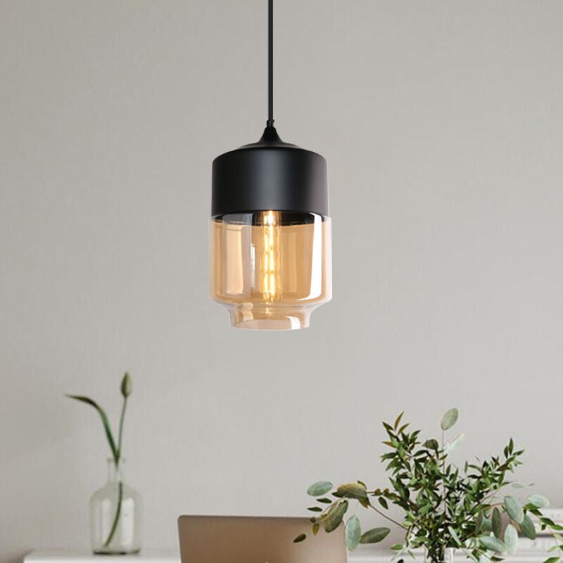 Wottes - Suspension Luminaire Vintage Industriel Lustre Suspension Abat-jour en Verre Lustre Plafonnier Noir et Ambre E27 Ø18CM - 1Pcs