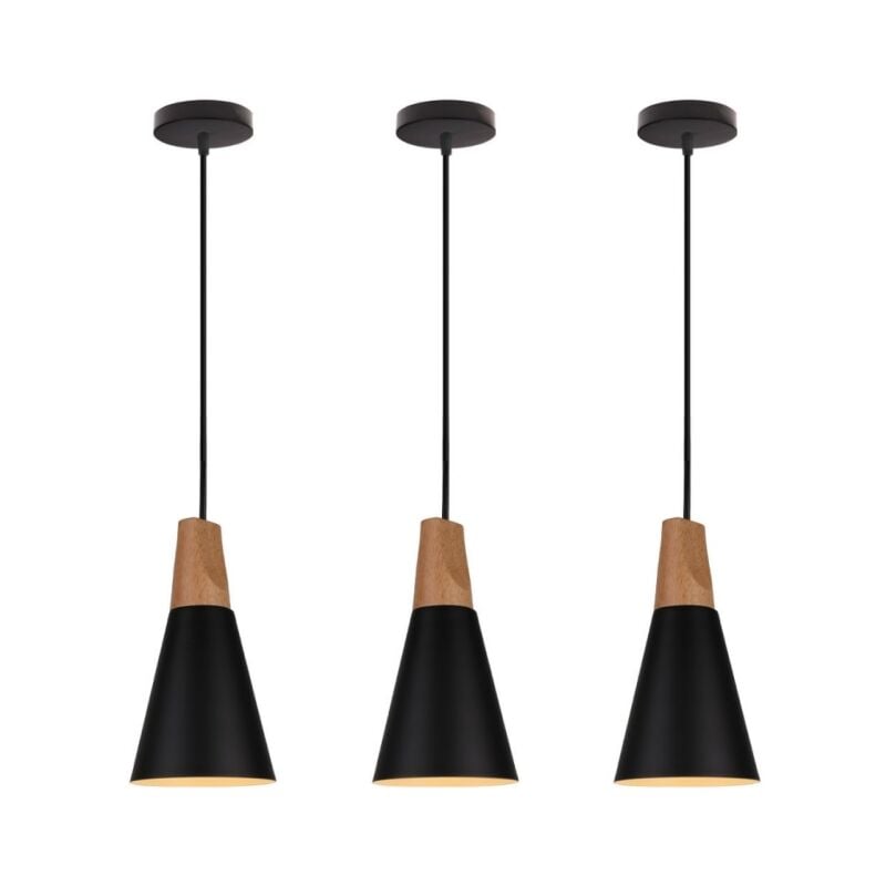 Lustre Suspension Vintage Luminaire Plafonnier Ajustable Lampe Suspension Interieur pour Chambre Couloir Salon E27 Noir Ø14CM - 3Pcs