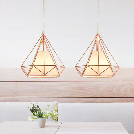 Lustre Suspension Vintage Rétro Industrielle Cage en Métal Plafonnier Luminaire Doré Rose 2PCS