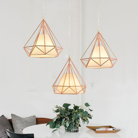 Lustre Suspension Vintage Rétro Industrielle Cage en Métal Plafonnier Luminaire Doré Rose 3PCS