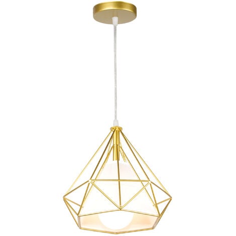 Lustre Suspension Vintage Rétro Industrielle Plafonnier Luminaire Cage Diamant en Métal E27 40W Doré