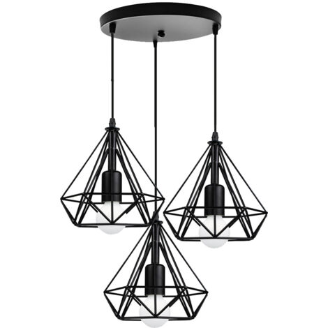 Lustre Suspension Vintage Suspension Luminaire Créatif Plafonnier Eclairage Réglable Abat-jour en Métal 3 Lampes - Noir