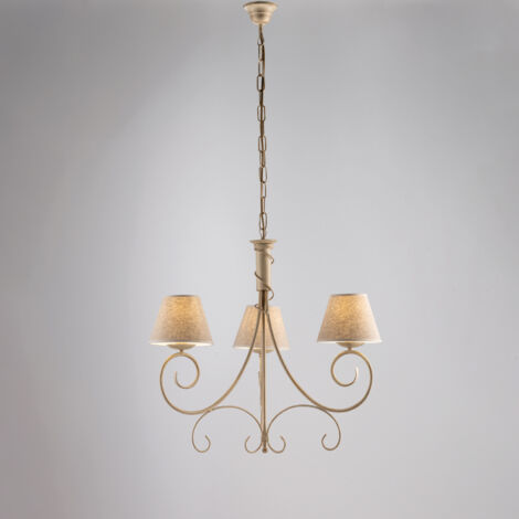Lustre Vienna Fer Ivoire, Décor Or Antique, Abat-Jour Jute D.13, 3 Lumières D.52 Cm, Déco Douce Et Lumineuse