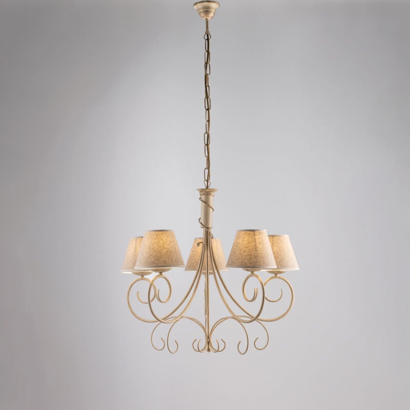 Lustre Vienna fer ivoire, décor or antique, abat-jour jute d.13, 5 lumières d.60 cm, charme vintage intemporel