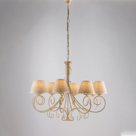 Lustre Vienna fer ivoire or huit lumières abat-jour effet tissu 78x h63 cm