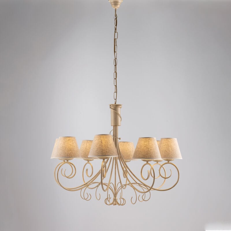 Bonetti Illumina - Lustre Vienna fer ivoire, décor or antique, abat-jour jute d.13, 8 lumières d.78 cm, look raffiné et classique