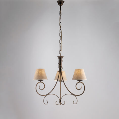 Lustre Vienna Fer Marron, Décor Or Antique, Abat-Jour Jute D.13, 3 Lumières D.52 Cm, Idéal Pour Petit Salon Cosy