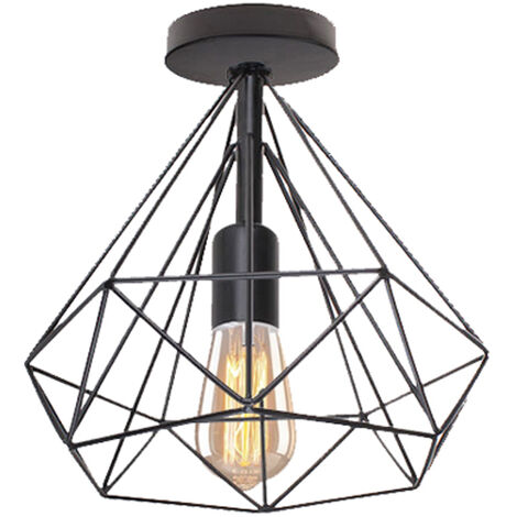 Lustre Vintage de Jaula Forma de Diamante 25CM (Negro) Retro Lámpara de Techo Industrial Iluminación Metal Hierro E27 para Salón de Comedor Hotel Restaurante