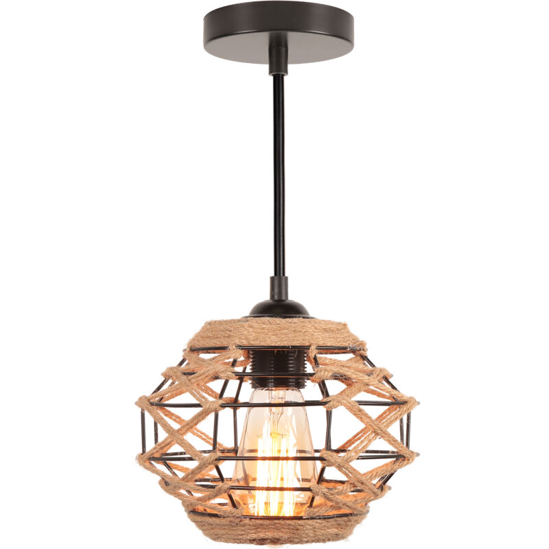 Lustre Vintage Lampe De Plafond En Corde De Chanvre Luminaire Plafonnier D'Intérieur En Métal Pour Couloir De Salon De Chambre À Coucher, Noir