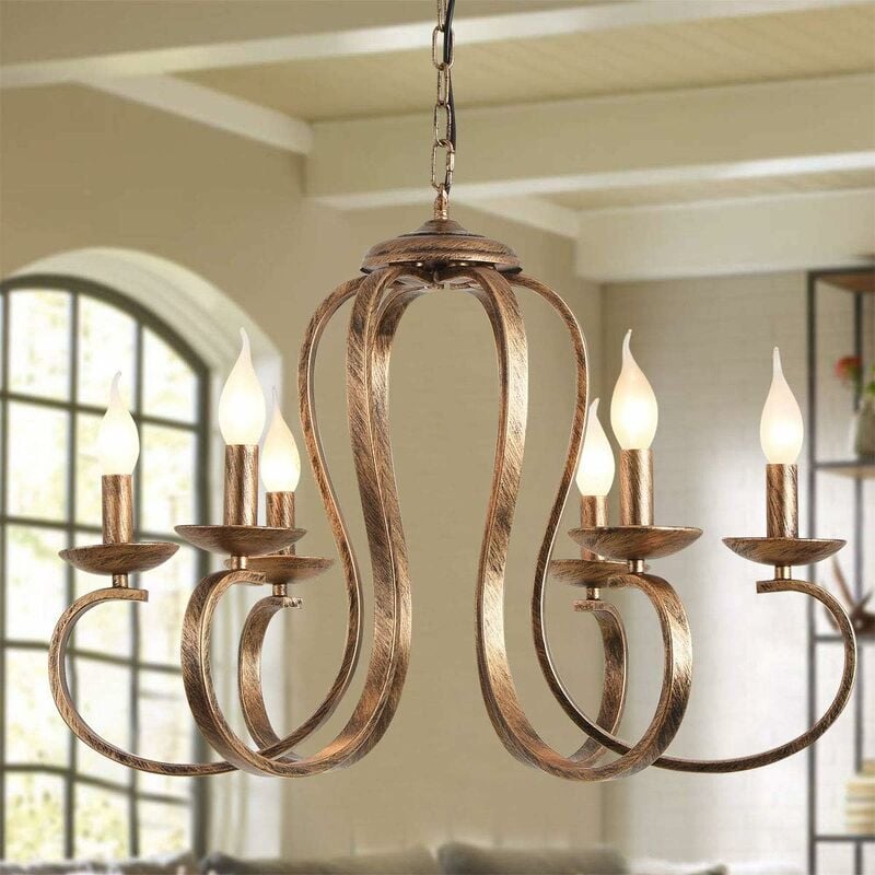 Bronze Chandeliers,Retro Iron Pendant Chandelier,6-Lights Candle Rustic Hanging Light,Industrial Farmhouse Ceiling Pendant Light Fixture,Adjustable