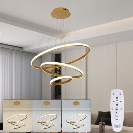 Lustres LED En Bois Plafonnier, Luminaire En Bois À 3 Anneaux À Intensité Variable, Lampe À Suspension Circulaire Réglable, Îlot De Cuisine Salle À Manger Salon Hall D'Entrée 【20+40+60cm】