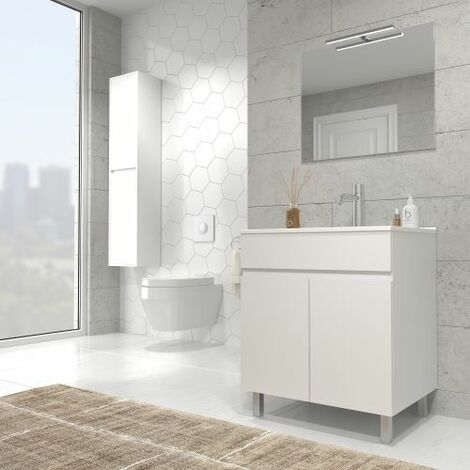 Mueble de baño con Lavabo de Cerámica 2 puertas - Mueble Montado - Ancho 60 cms - Blanco - Modelo LUUP