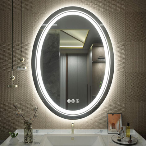 Luvodi – Miroir lumineux de salle de bain ovale 50x70 cm – Éclairage LED anti-buée avec réglage de température de couleur – Verre HD 5mm