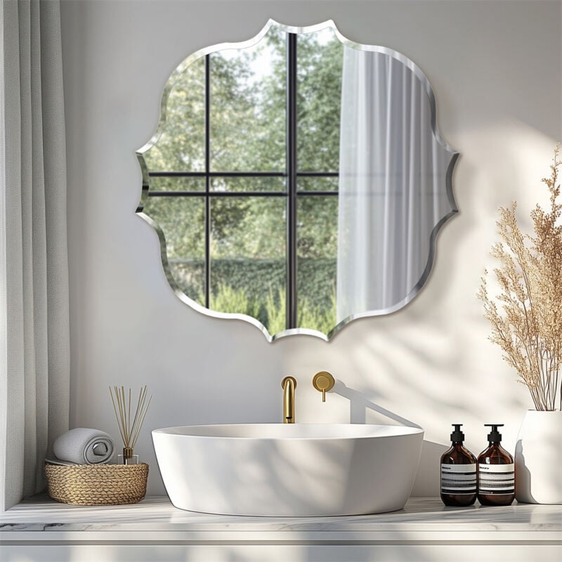 Miroir Mural Irrégulier Sans Cadre - 6060cm Miroir Asymétrique Design Salon en Verre Biseauté hd Miroirs Muraux Simple Salle de Bain Miroir d'Entrée