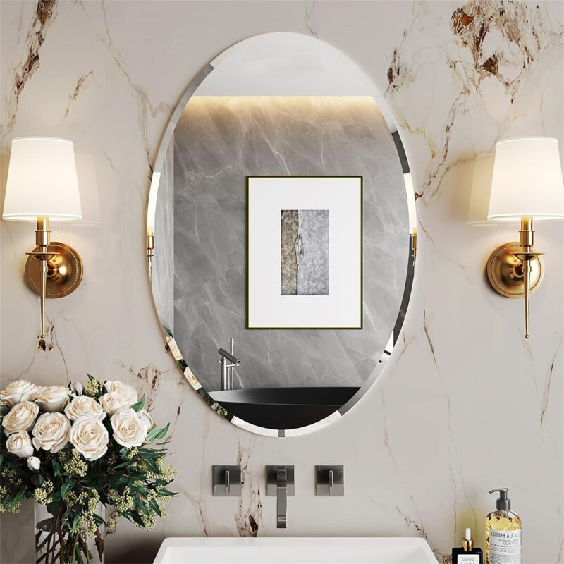 Miroir Mural Salon Décoratif Oval - 7050cm Miroirs Muraux Design en Verre Biseauté Sans Cadre Grand Miroir Suspendu Argenté Décoration Mural d'Entrée