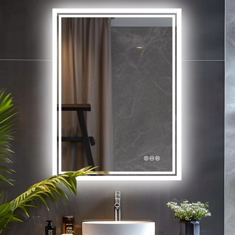 LUVODI Specchio Retroilluminato Bagno con Led Luce Specchio Bagno Led Rettangolare 70x90cm, 3 Touch Dimmerabile Antiappanamento Funzione Memoria IP56