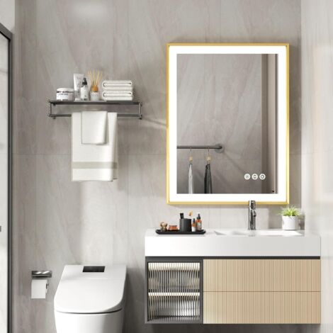 LUVODI Specchio da Bagno con LED Luce Dorata Cornice Rettangolare 60x80cm