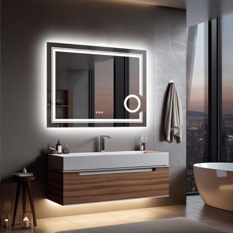LUVODI Specchio ingranditore 3X da Bagno con LED Luce Retroilluminato + Frontale Specchio Smart Rettangolare da Trucco 90x70cm