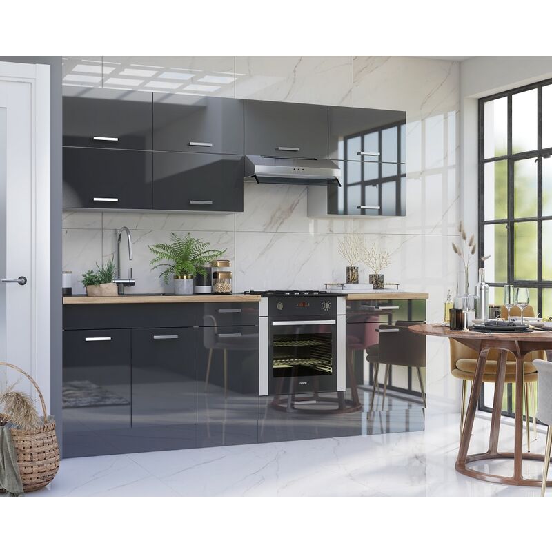 Kitchen 11 Units Cabinets Set Acrylic Grey High Gloss Legs Soft Close 240cm Furniture luxe - Grey High Gloss