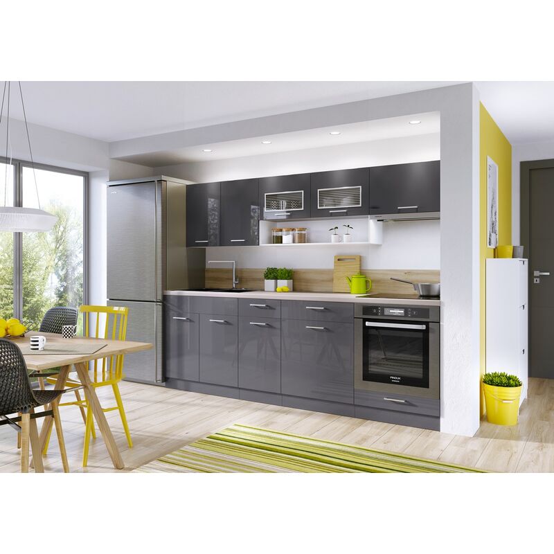 Kitchen 7 Units Cabinets Set Acrylic Grey High Gloss Legs Soft Close 240cm Furniture luxe - Grey High Gloss
