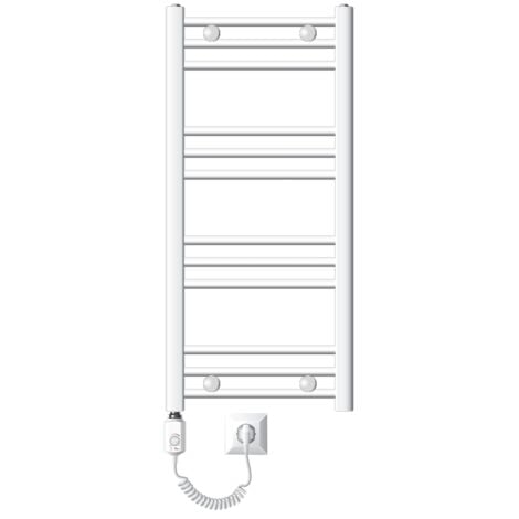 LuxeBath Radiador Toallero Eléctrico de Baño 400x800mm Blanco Conexión Lateral Curva y Barra Calentadora 600W con Termostato y Pantalla Digital, Calentador Secador de Toallas kit de montaje incluído