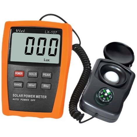 Luxmetro Digitale, Illuminometro LX107 Misuratore di Energia Solare, Luxmetro 2000W/㎡ Fotometro Luxmetro Tester Tester di Insolazione Energetica delle Radiazioni Solari con Bussola