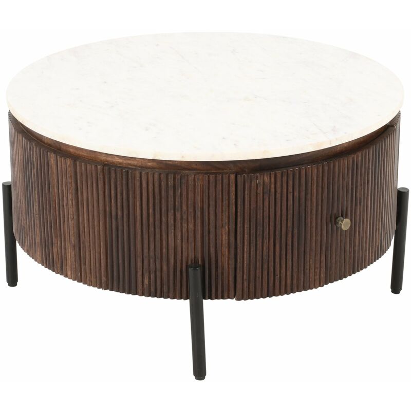 Luxor Mango Wood Round Fluted Coffee Table With Marble Top & Metal Legs