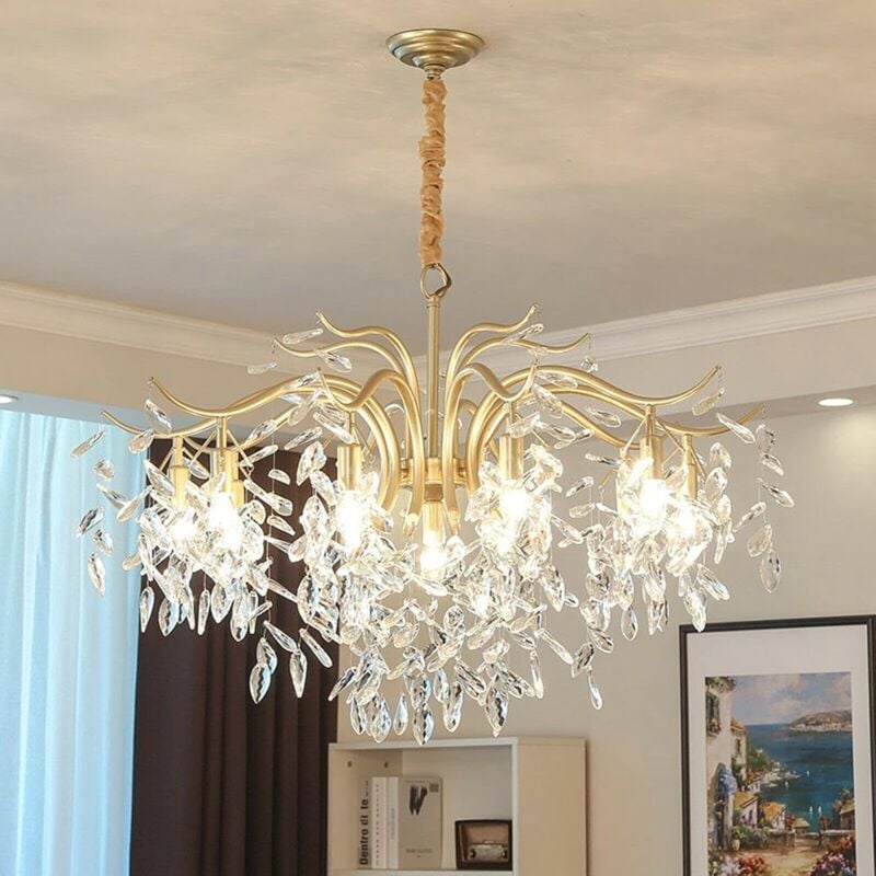Lustre de luxe à 8 branches en cristal + une tête d'éclairage Plafonnier en cristal clair Lustre en cristal de verre Métal classique Convient à la