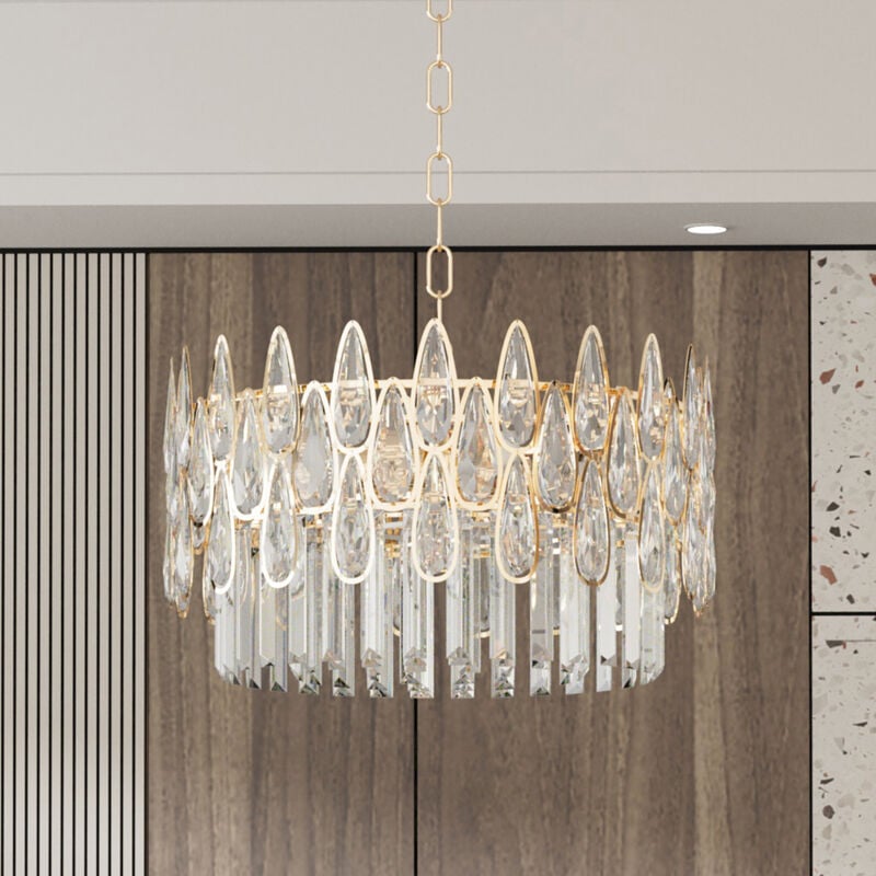 Luxueux Lustre Rond Cristal Transparent Brillant Design E14 Lampe à Suspension Réglable Décoration Classique pour Chambre Salon Salle à Manger