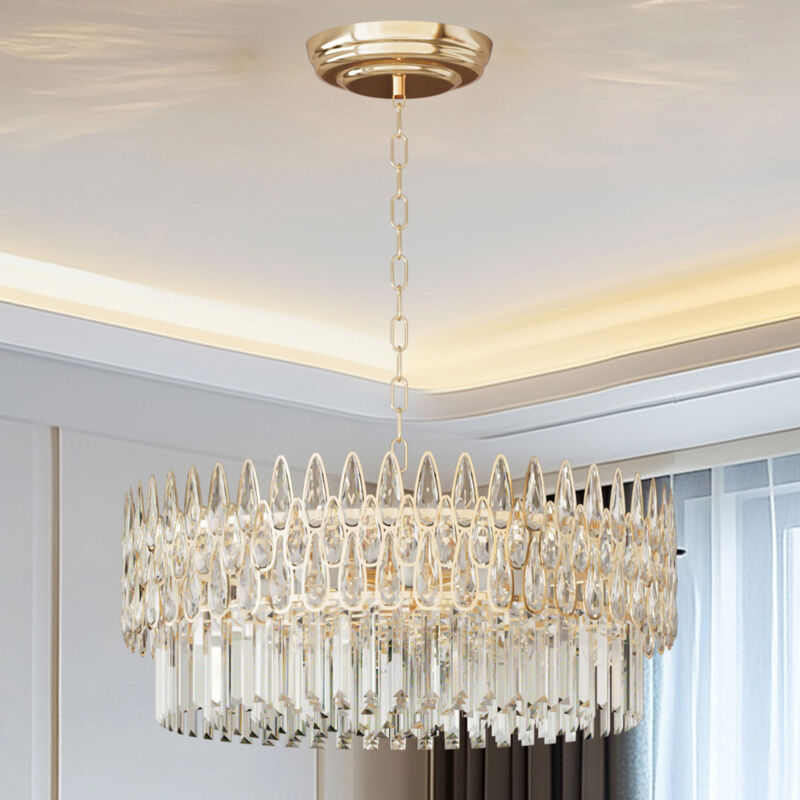 Luxueux Lustre Rond Cristal Transparent Brillant Design E14 Lampe à Suspension Réglable Décoration Classique pour Chambre Salon Salle à Manger