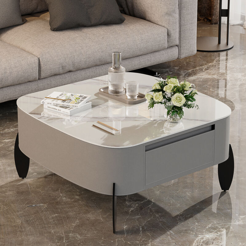 Unho - Luxueux Table Basse Central Carré - Marbre Texture Blanc Pierre Frittée - Grand Meuble Salon Modern en Cuir de Selle avec 2 Tiroirs en Pin