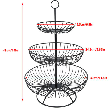 Luxuriöser, moderner, dreistöckiger Hänge-Obstkorb aus schwarzem Metall [1 Stück] – 48 cm hohes Tablett für Küche, Wohnzimmer, Design