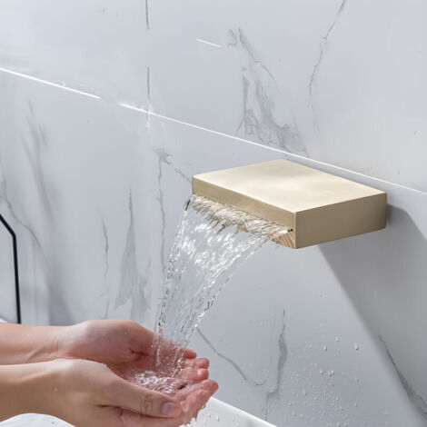 Luxuriöser Wasserfall-Wasserhahn aus gebürstetem Gold zur Wandmontage, doppelte Warm- und Kaltwasserregelung, verdecktes Design, ideal für moderne Badezimmerwaschbecken, MUMU